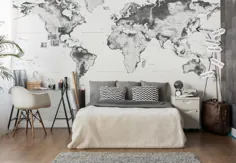 Fototapete - Topografische Weltkarte - schwarz-weiß |  wall-art.de