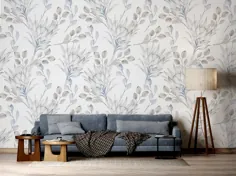 کاغذ دیواری آبرنگ سبک با برگ های آبی و گیاهان گلدار |  اتسی