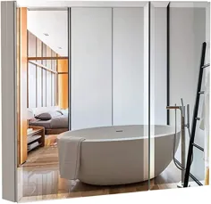 کابینت پزشکی آلومینیوم B&C 30 "x26" با آینه | ساتن رنگی | کابینت آینه حمام با قفسه های شیشه ای قابل تنظیم | کابینت ذخیره سازی برای نصب توکار یا سطح