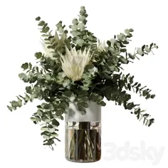 مدل های سه بعدی: دسته گل - دسته گلی با سه شاخه سفید پروتئین و اکالیپتوس در یک گلدان شیشه ای
