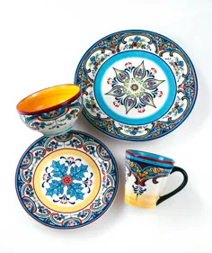 Euro Ceramica Inc. YS-ZB-1001 Zanzibar Collection Vibrant 16 Piece Seramic Earthenware Showerware Set، Design Spanish / مکزیکی گل، چند رنگ، سرویس برای 4