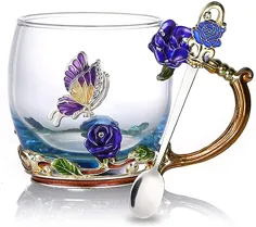 لیوان چای لیوان لیوان قهوه لیوان مینا گل رز پروانه لیوان نوشیدنی با قاشق هدایای منحصر به فرد برای تولد عروسی کریسمس لیوان گل رز آبی 12oz