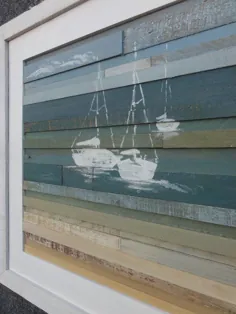 Beach Horizon Reclaimed Wood Art - Sails I (16 "X 16") Beach، Sailboat Silhouette، Ocean، Aqua، Seaside، Modern Beach Decor