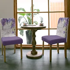 یاس بنفش بهار 8 تایی با روکش صندلی سفید بنفش برای اتاق غذاخوری / آشپزخانه / هتل / مراسم ، راه راه های چوبی تازه و گلدار صندلی های کششی نرم محافظ محافظ قابل شستشو قابل شستشو
