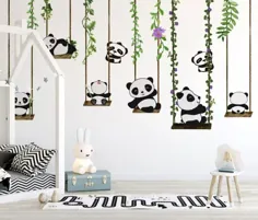 خرس های پاندا با نقاشی دیواری Swing Wallpaper