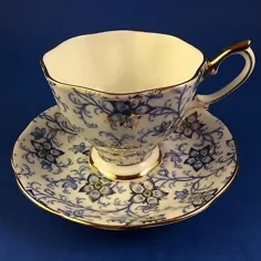 فنجان چای و نعلبکی سلطنتی آلبرت آبی و طلایی Chintz Bone