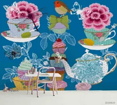 3D Vintage Colorful Flower Tea Cup Teapot Wall Mural Wallpaper LXL 1577