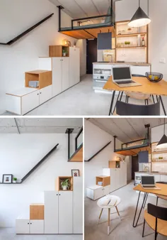 این آپارتمان کوچک دارای یک تخت آسانسور است که از سقف معلق است