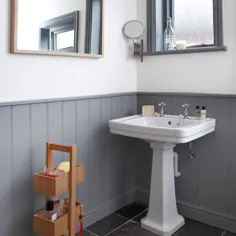 سرویس بهداشتی روکش دار خاکستری و سفید |  تزئین حمام |  خانه ایده آل