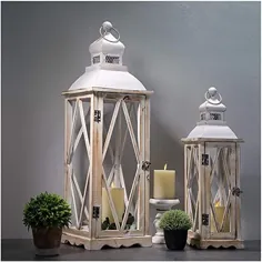فانوس های فلزی چوبی Glitzhome Farmhouse شمع های آویز تزئینی سفید سفید 2 (بدون شیشه)