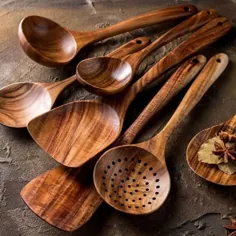 ظروف آشپزخانه چوبی ، قاشق ، کفگیر ، وسایل آشپزی ، سازگار با محیط زیست ، چوب پایدار ، کیسه چوبی