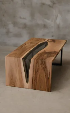 میز لبه زنده سفارشی ساخته شده از چوب گردو ، میز رودخانه با شیشه خاکستری ، میز قهوه لبه زنده ، میز آبشار برای دفتر معمار