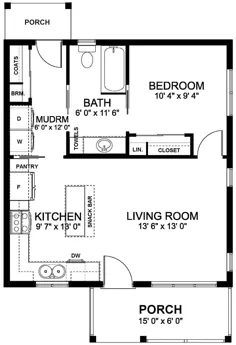 خانه 1-اتاق خواب Tiny Ranch - 1 حمام ، 624 متر مربع - طرح # 177-1054
