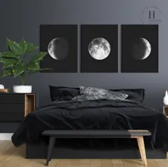 چاپهای هنری Moon Wall ، تزئینات دیوار اتاق خواب مستر بالای چاپ تختخواب ، تزئینات سیاه و سفید ، هنر دیوار دیواری La Luna ، بارگیری دیجیتال فضا