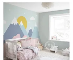 کوه های رنگارنگ با ابر و دیوار آفتاب کاغذ دیواری دیواری ، هندسه کوه منظره تصویر زمینه مهد کودک اتاق کودک اتاق کودک نقاشی دیواری