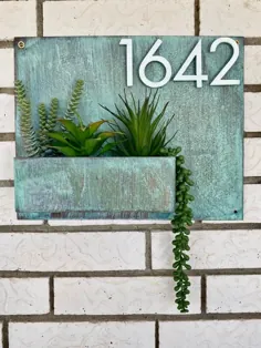 شماره های خانه - تابلوی نشانی مدرن - مینیمالیست - گلدان - آویز دیواری ساکولنت - فیروزه ای - مس - پتینه