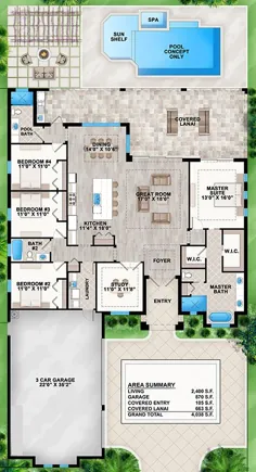 طرح خانه 207-00044 - طرح فلوریدا: 2400 فوت مربع ، 4 اتاق خواب ، 3 حمام