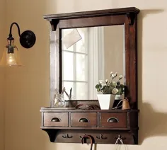 آینه آرایش چوبی با 3 کشو و قلاب نگهدارنده / آینه دستشویی چوبی با کشو و قلاب لباس / مبلمان و دکور هندی