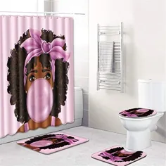 CoolsomeJies دختر زیبایی آفریقایی حباب حمام پرده دوش حمام 72x72 اینچ با 12 قلاب - 3 قطعه فرش حمام مجموعه فرش توالت پوشش درب توالت پوشش U شکل غیر لغزش دکوراسیون حمام لوازم جانبی دوش