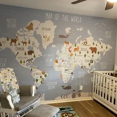 Weltkarte Wandbild، Kinder Karte mit Tier Karte Tapete، Kindergarten Wandkunst abnehmbare Tapete selbstklebende جغرافیای Wand-Dekor
