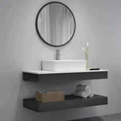 سرویس حمام تک نفره شناور دیواری 24 اینچ مدرن با بالا و رزین سنگ و سینک ظرفشویی سیاه و سفید