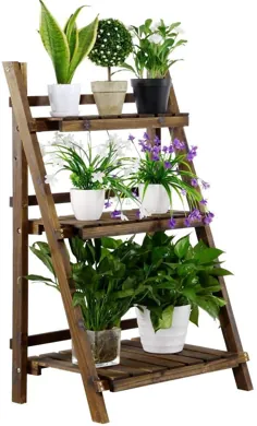 YAHEETECH 3 ردیف تاشو پایه چوبی پایه ساز چوب گلدان گلدان ایستاده گیاه نمایش قفسه قفسه نردبان باغ در فضای باز 23.6 x 15 x 36.6 اینچ