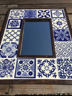 آینه کاشی بزرگ مکزیکی با کاشی های آبی و سفید