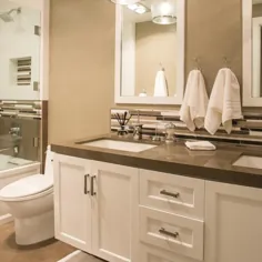 حمام زیبا با رنگ قهوه ای و کاشی خنثی Backsplash