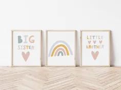 مجموعه بزرگ خواهر کوچک برادر کوچک از 3 پوستر ، دیوار اتاق خواب اتاق مشترک ، رنگهای خنثی با ست هدایای برادر بزرگ هدیه برادر بزرگ boho rainbow
