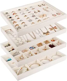 سازنده سینی های جواهرات Mebbay Stackable Velvet ، سینی های ذخیره سازی جواهرات برای کشو ، سازمان دهنده حلقه دستبند گردنبند گوشواره ، ست 4 (سفید گرم)