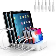 سازمان دهنده ایستگاه شارژ USB SooPii Premium 6 پورت برای چندین دستگاه ، 6 کابل شارژ اپل برای تلفن ها ، تبلت ها و سایر لوازم الکترونیکی همراه