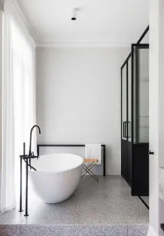 ایده های طراحی حمام مینیمالیستی ، ترکیبی از terrazzo و شش ضلعی Terrazzo و شش ضلعی