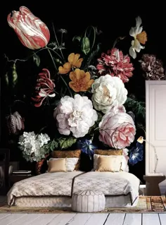 Dunkle Blumen Schale und Stock Tapete، Holländische Blumen Ölmalerei، Wand wandbild، Stillleben Blumen Wandkunst، Dunkle Blumen، Dunkle Wand wandbild