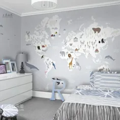 نرم رنگ Weltkarte Kinderzimmer Tapete Wandbild ، Weltkarte mit Cartoon Tiere Ozean Tiere Kinder Kinder Wandbild Tiere Wandbild