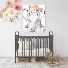 Boho Elephant Wall Art Print Peonies Nursery Baby Girl Room Blush Fe Floral Peony Bohemian Watercolor دکور قابل چاپ