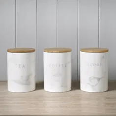 3 جلد مرمر سرامیکی سفید قهوه قهوه قند ذخیره سازی قوطی قوطی های چوبی