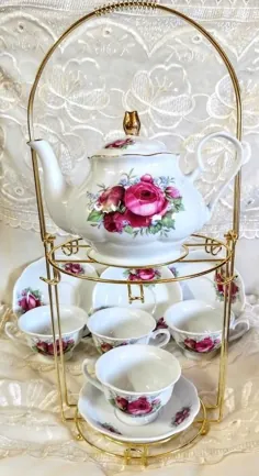 10 قطعه چای پرسلانی در گل رز صورتی با پایه فلزی رایگان - گل رز و لیوان