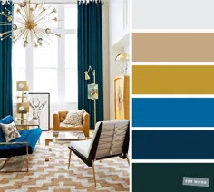 بهترین طرح های رنگی اتاق نشیمن - آبی روشن + گل سرخ + خردل و خاکستری دودی