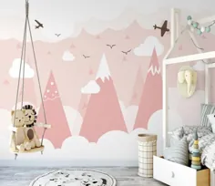 پوسته کاغذ دیواری پرندگان نقاشی دیواری کوه صورتی رنگ کودکستان |  اتسی