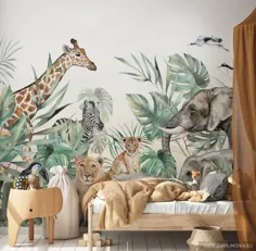SAFARI Tapete für Kinder mit Tieren / Kinderzimmer Tapete / Tropische Tapete / Wandbild Safari / Löwe / Elefant / زرافه