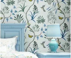 کاغذ دیواری chinoiserie دیوار اتاق خواب پوشش تصویر زمینه مدرن گل صورتی صورتی کاغذ دیواری پروانه های گرمسیری آبی