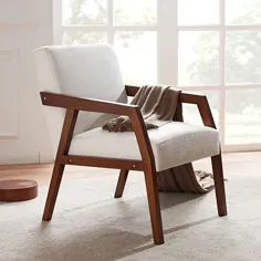 صندلی لهجه ای صندلی بازویی HUIMO ، صندلی های چوبی مدرن لهجه ای چوبی ، صندلی اتاق نشیمن روکش دار زیبا برای اتاق نشیمن ، اتاق خواب ، صندلی مطالعه پارچه ای پارچه ای پارچه ای ، صندلی کناری (سفید)
