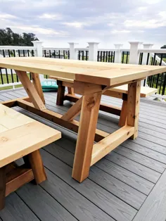 میز و نیمکت در فضای باز سبک DIY Truss Beam Farmhouse (از سخت افزار ترمیم الهام گرفته شده است)