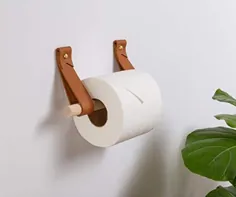 KEYAIIRA - کیت نگهدارنده کاغذ توالت |  شامل 2 بند چرمی ، رولپلاک در چوب توس یا گردو ، سخت افزار و دستورالعمل نصب