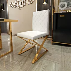صندلی ناهار خوری چرمی روفرشی مدرن سفید PU از 2 پایه طلای استیل ضد زنگ