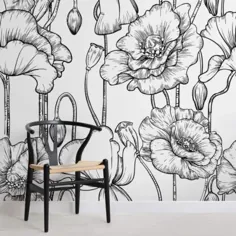 کاغذ دیواری کاغذ دیواری گلهای مصور سیاه و سفید |  هوویا انگلستان