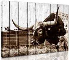 Rustic Wall-Art - تزیینات دیواری برای اتاق خواب Wall Art Wall - Texas Longhorns Western Decor - قاب آماده برای آویز اندازه آشپزخانه 12x16