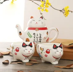 TANGPIN TEA-Cute Lucky Cat Pocelain Tea Set Creek Maneki |  اتسی