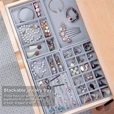 سازمان دهنده کشوی جواهرات ، سینی ذخیره سازی جواهرات قابل انباشت ، مجموعه 4 جعبه نمایش ویترین تقسیم جواهرات ، خاکستری