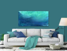 آبی تیره ، نقاشی دیواری آبی و کبالتی ، بوم بزرگ چاپ انتزاعی موج اقیانوس ، دکور خانه ساحلی ساحلی